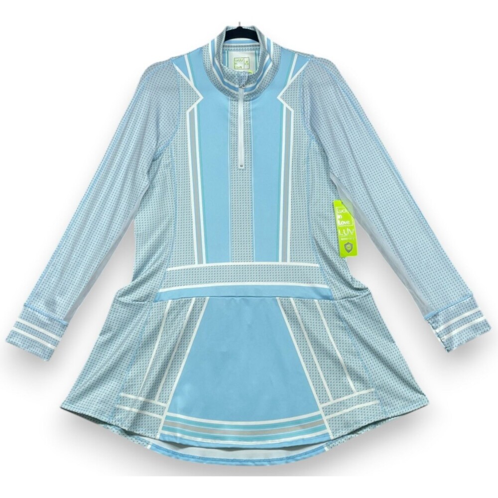 Lucky In Love Tennis Golf Pickleball Dress Womens M Blue Long Sleeve UV Sun New
